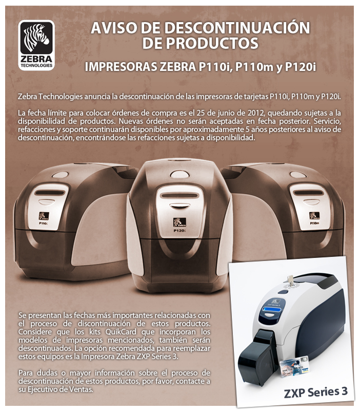 Zebra Technologies anuncia la descontinuación de las impresoras de tarjetas P110i, P110m y P120i.